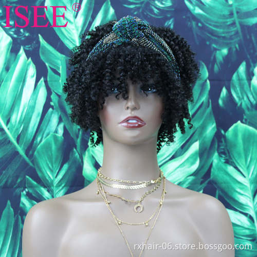 ISEE Hot Selling Short Afro Virgin Hair Half Puff Wrap Wig, Pineapple Human Hair Drawstring Wrap Scarf Headband Wig With Bangs